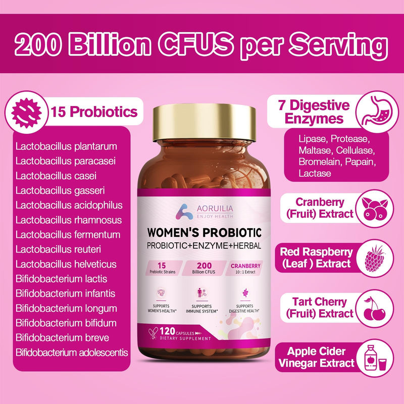 26-in-1 Probiotics for Women with 200 Billion CFUs 15 Strains, Digestive Enzymes & Cranberry Extract, Natural Prebiotics Vaginal Probiotics for Gut Health, Urinary, Immune, Digestion - 120 Vegan Caps