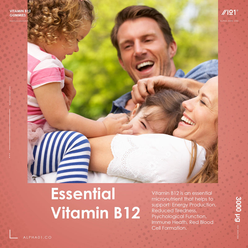 Vitamin B12 Gummies 1,500mcg (per Gummy) - High Strength Methylcobalamin Supplement - Raspberry Flavour - 60 Vegan Gummies by Alpha01 Jar