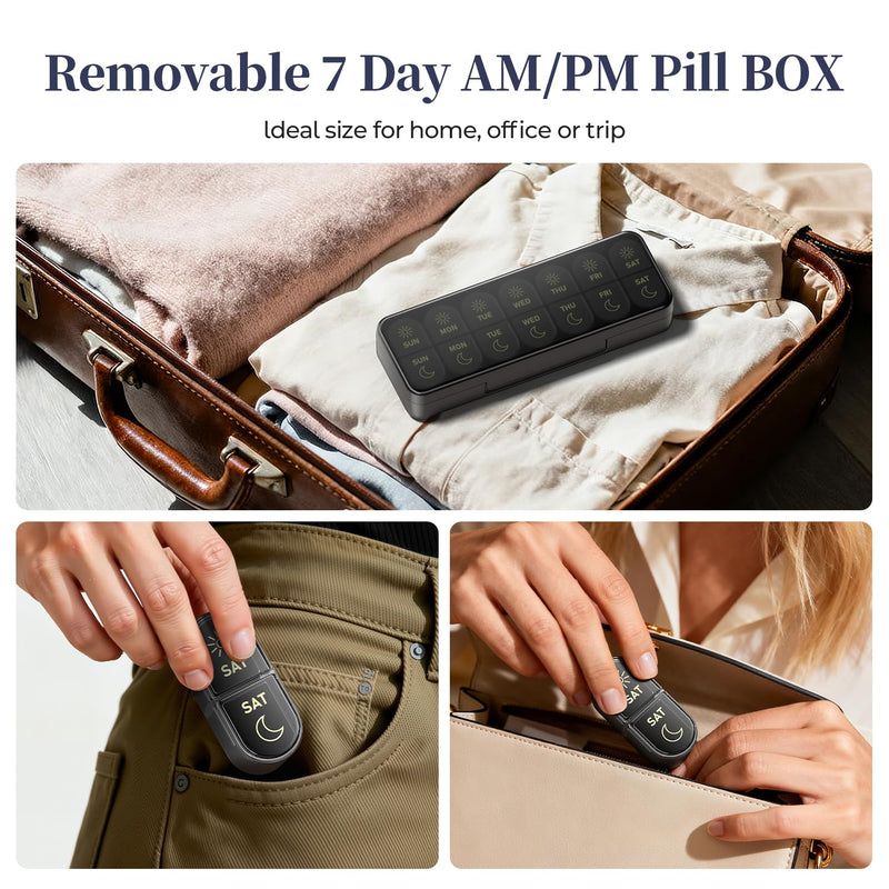 Betife AM PM Pill Organizer 7 Day, Weekly Pill Organizer Box 2 Times a Day | Portable Travel Pill Organizer, Cute, Easy Open, Airtight, Fashion, Dust-Proof, Reusable, Sturdy for Medication, Vitamin Black