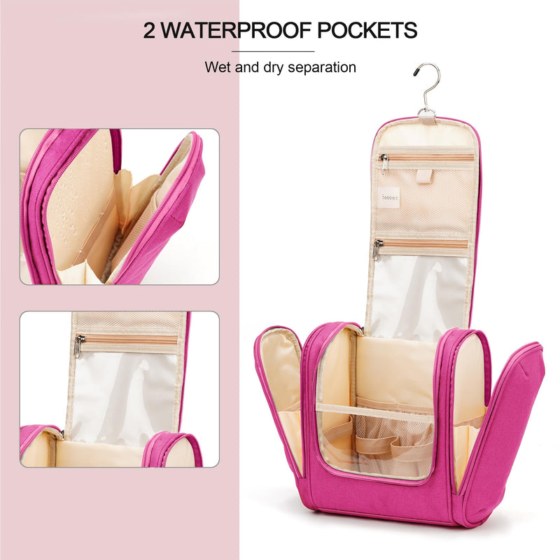 Hanging Travel Toiletry Bag for Women and Men, 6 Organizer Compartments, Large Toiletries essentials, Bathroom Cosmetic Accessories, Water-resistant Makeup Bag, Holds Full-Size Shampoo, Rose Red F - Rose Red