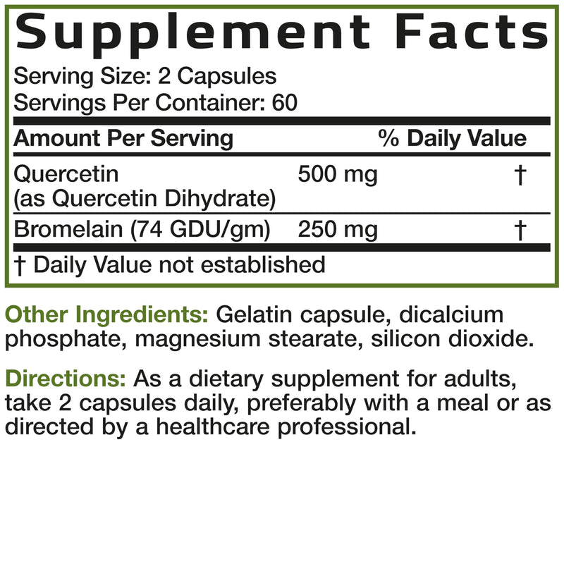 Bronson Quercetin with Bromelain 2-in-1 Wellness Support, 120 Capsules | Antioxidant & Immune Support, Non-GMO, Gluten-Free & Soy-Free 120 Count (Pack of 1)