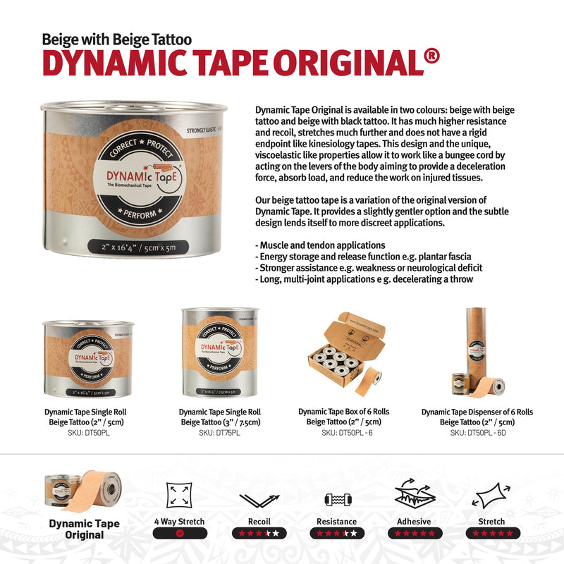Dynamic Tape – 2 Roll Pack | Includes Original (Beige & Beige) & Original (Black & Beige) | 2” Biomechanical Adhesive Tape for Injury Recovery, Muscle & Joint Support | 4-Way Stretch, Water-Resistant