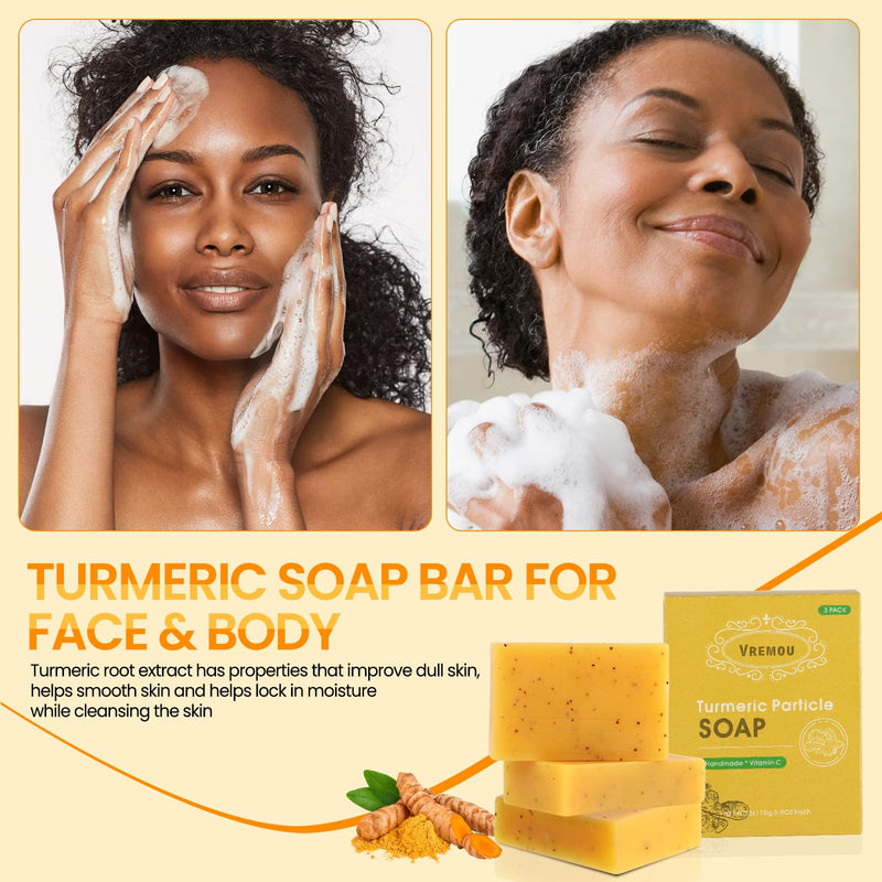 3Packs Turmeric Soap Bar, Organic Tumeric Soap for Face and Body,with Vitamin C, E for All Skin