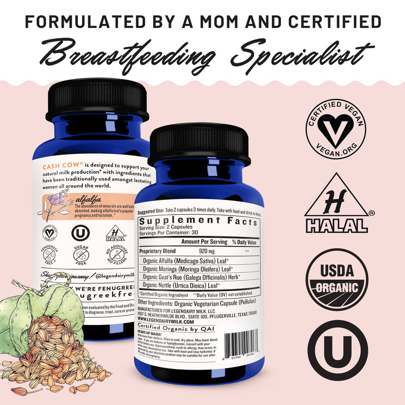 [Australia] - Legendairy Milk Cash Cow Lactation Supplement, Moringa, Alfalfa, and Goat's Rue Breastfeeding Supplement for Milk Supply Increase, Fenugreek-Free, Certified Organic, Vegan, Non-GMO, 60 Capsules 