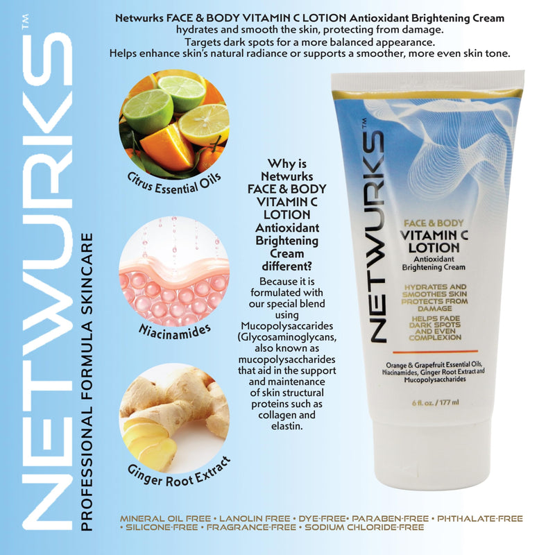 Vitamin C Lotion, Antioxident Cream for Face & Body, Smoothes & Hydrates Skin, Helps Reduce Blemishes, Fine Lines, & Wrinkles, 6 Fl Oz