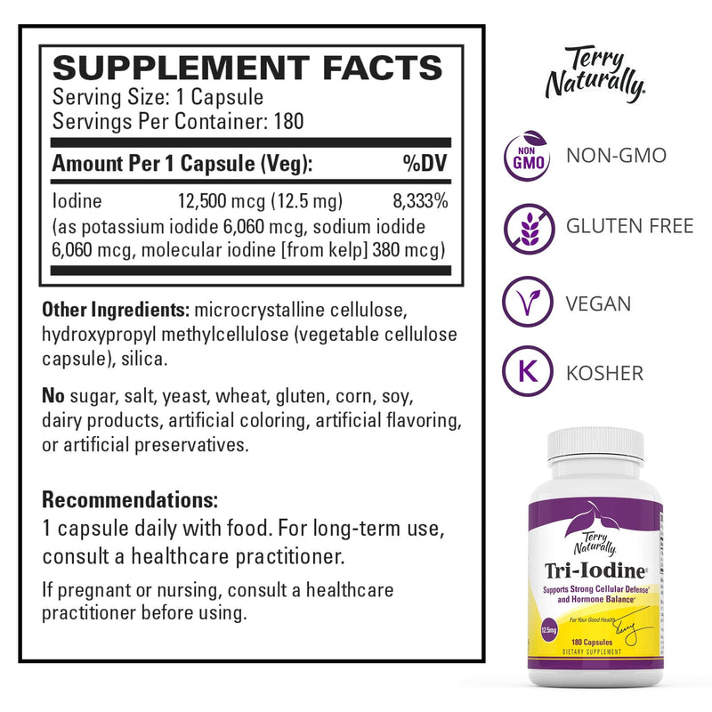 [Australia] - Terry Naturally Tri-Iodine 12.5 mg - 12500 mcg Iodine, 180 Vegan Capsules - Supports Hormone Balance, Promotes Breast & Prostate Health - Non-GMO, Gluten-Free, Kosher - 180 Servings Standard Packaging 