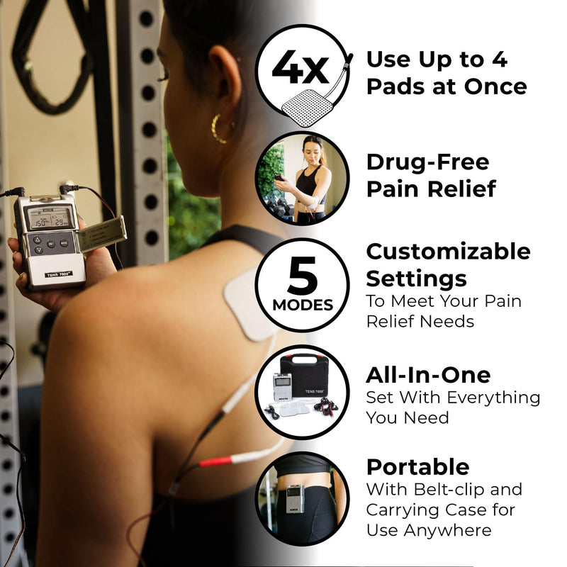 TENS 7000 Rechargeable Tens Unit Muscle Stimulator, Back Pain Relief, 4 Electrodes/Unit Pads, Period Pain Simulator, Muscle Recovery & Growth, Stim Machine, Electrotherapy, TENS Machine DT7304