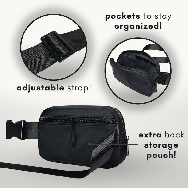Boutique Belt Bag | Crossbody Fanny Pack for Women | Fashionable Cute Mini Everywhere Bum Hip Waist Pack | Small Fashion Travel Chest Bag | Matte Black | Adjustable Small Strap Black Midnight Small Strap Length