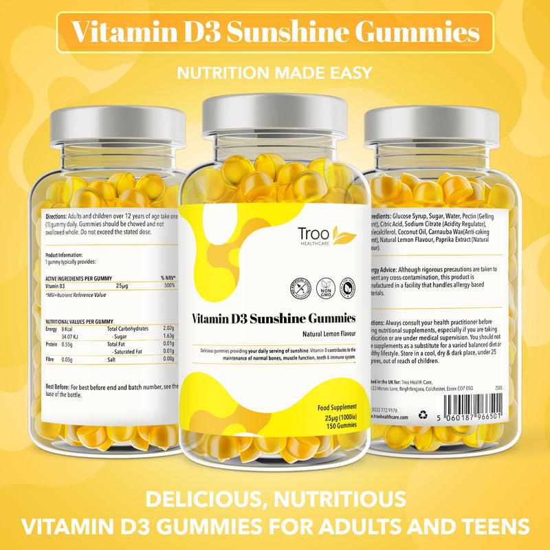 Troo Health Care Vitamin D3 Gummies (1000iu) - Natural Lemon Flavoured - 150 Count for Teens & Adults - 5 Month Supply - Non-GMO, Supports Immune Function, Bone & Teeth Health 150 count (Pack of 1)
