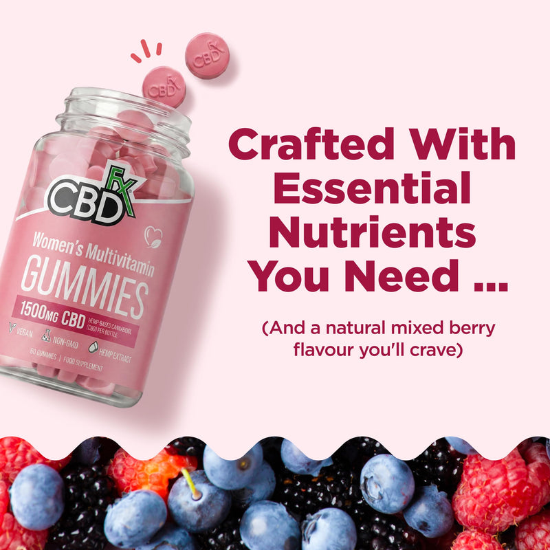 CBDfx 1500mg CBD High Strength Women's Multivitamin Vegan Gummies, Vitamin A, C, D3, E, B6, B12, Biotin, Calcium and Zinc 60x Bottle (30 Days)