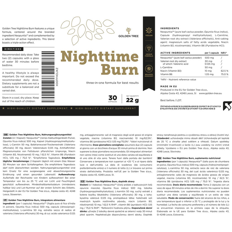 Golden Tree Nighttime Burn – Fibre Capsules with Prickly Pear Cactus, Vitamin B3, Vitamin B6, Valerian Root & L-Carnitine – Caffeine-Free – 30 Vegan Capsules 30 count (Pack of 1)