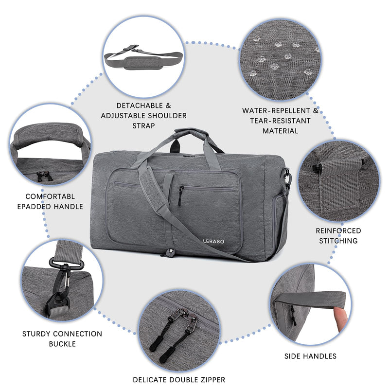 65L Foldable Duffle Bag with Shoe Compartment - Large Travel Duffel Bag for Men & Women, Packable Weekend Bag with Trolley Sleeve, Water-Resistant & Lightweight Gym Bag for Travel, Sports（Grey） Grey