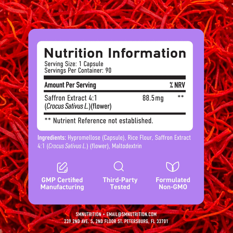 Saffron Supplement | Pure 4:1 Saffron Extract Capsules | Supports Mood, Focus, Eye Health & Energy Balance | Crocus Sativus Extract | Vegan, Gluten-Free & Non-GMO | 3-Month Supply | 90 Capsules
