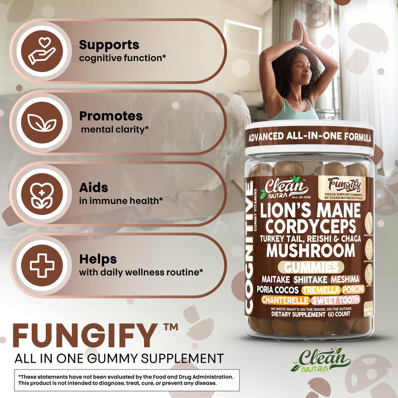 Clean Nutra Lions Mane Mushroom Gummies Cordyceps Supplement for Memory and Focus Immune Support Vitamins Reishi Chaga Turkey Tail Mushrooms Gummy Shiitake Maitake Meshima Supplements