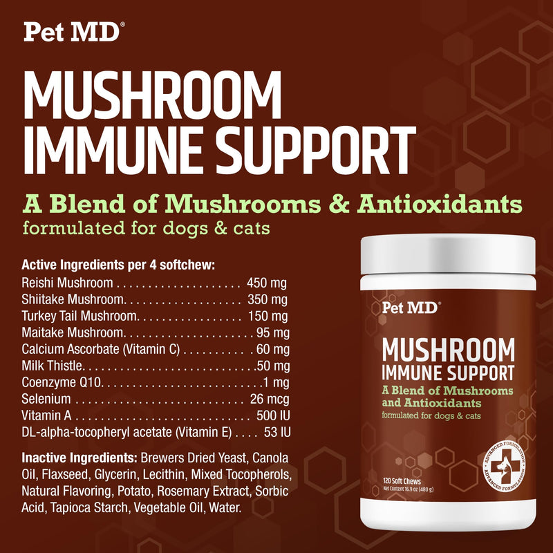 Pet MD Mushroom Immune Support - Turkey Tail Mushroom for Dogs - Mushroom Cat Immune Support Supplement - Milk Thistle for Dogs & Cats with CoQ10 for Dogs - Immunity Supplement for Dogs - 120 Chews - PawsPlanet Australia