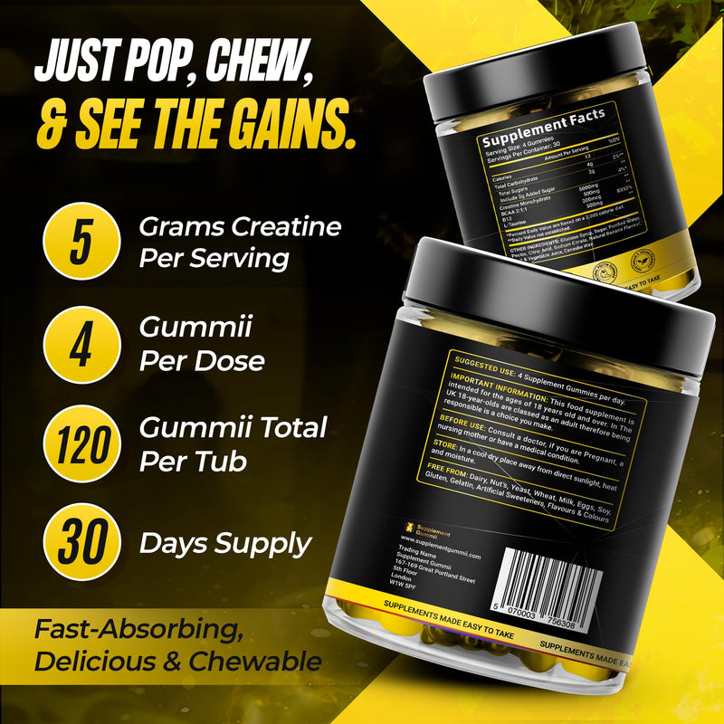 Creatine Monohydrate Gummies 5000mg with BCAA 500mg, Vitamin B12 200mcg & Taurine 500mg - 120 Vegan Gummies for Men & Women - Muscle Growth, Strength & Recovery - Banana