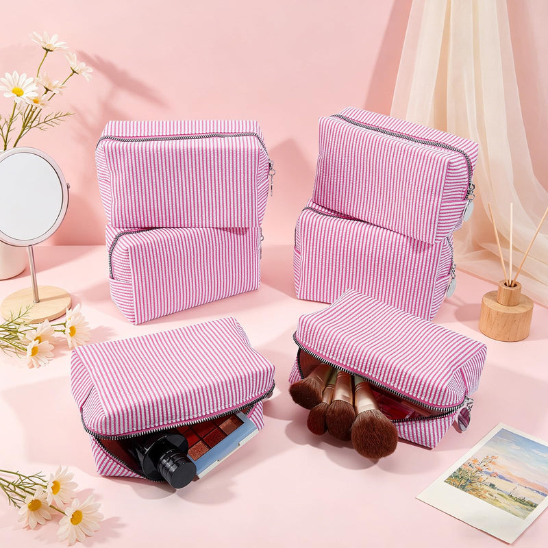 12Pcs Seersucker Makeup Bag Bulk Striped, Seersucker Cosmetic Bags Women, Large Travel Toiletry Bag Makeup Organizer Purse, Preppy Cosmetic Pouch for Wedding Bridesmaid Mom Gift (Pink) Pink 12
