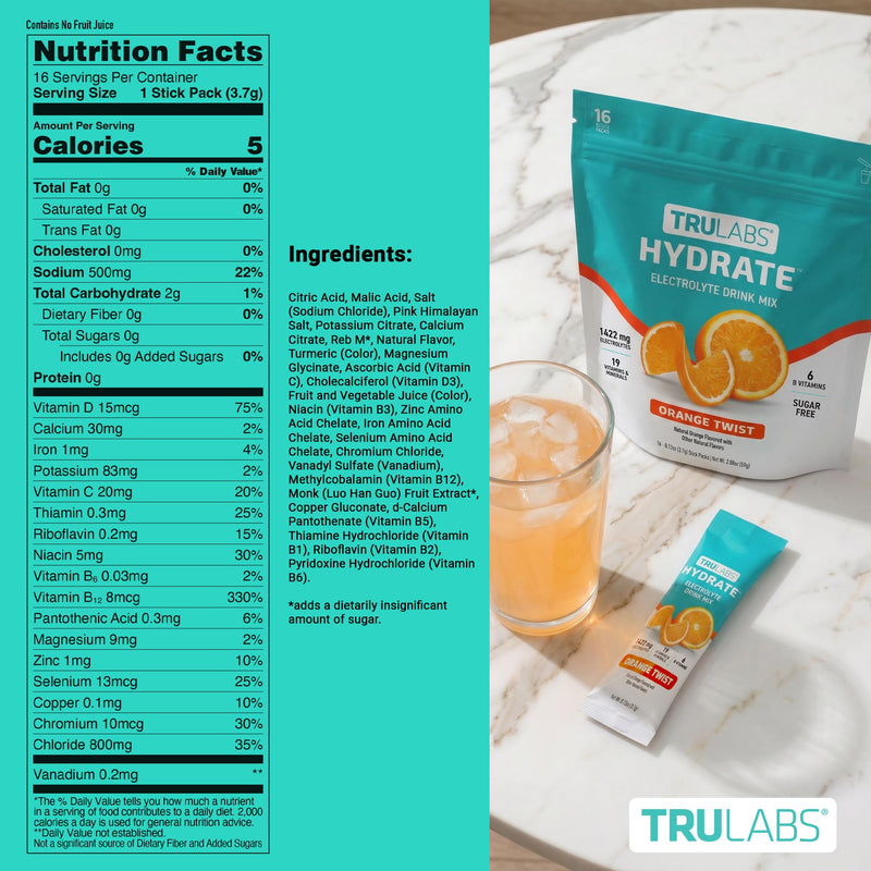 TRULABS Hydrate Electrolyte Drink Mix – Orange Twist Flavor, Sugar-Free Hydration Packets with 1422 mg Electrolytes & 19 Vitamins & Minerals, Monk Fruit Sweetened, On-the-Go Sticks (16 Count)