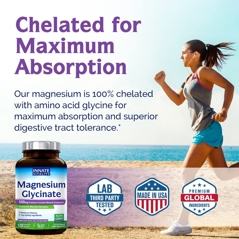 [Australia] - Innate Vitality Magnesium Glycinate 500mg | 70mg Elemental Magnesium Supplement- High Absorption, Non-GMO & No Gluten - Supports Nerve, Muscle, Bone & Heart Health - 120 Vegan Capsules Magnesio 120 Count (Pack of 1) 