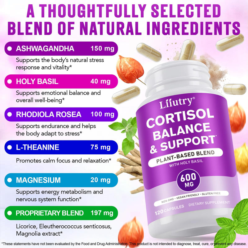 Cortisol Supplements for Women and Men, Balance Cortisol & Support Relaxation for Sleep, Mood & Focus Supplement, Non-GMO, Vegan Friendly – 120 Capsules