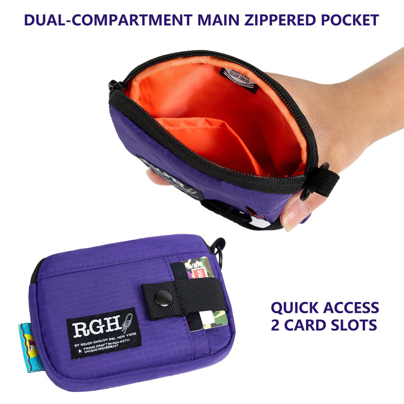 Rough Enough Travel Neck Wallet Pouch, RFID, Water-Resistant, Purple | Lightweight, YKK zipper, Bright Nylon Interior, 5 x 4 x 0.7 in, Multiple Card & Coin Pocket, Lanyard & Carabiner & Keychain