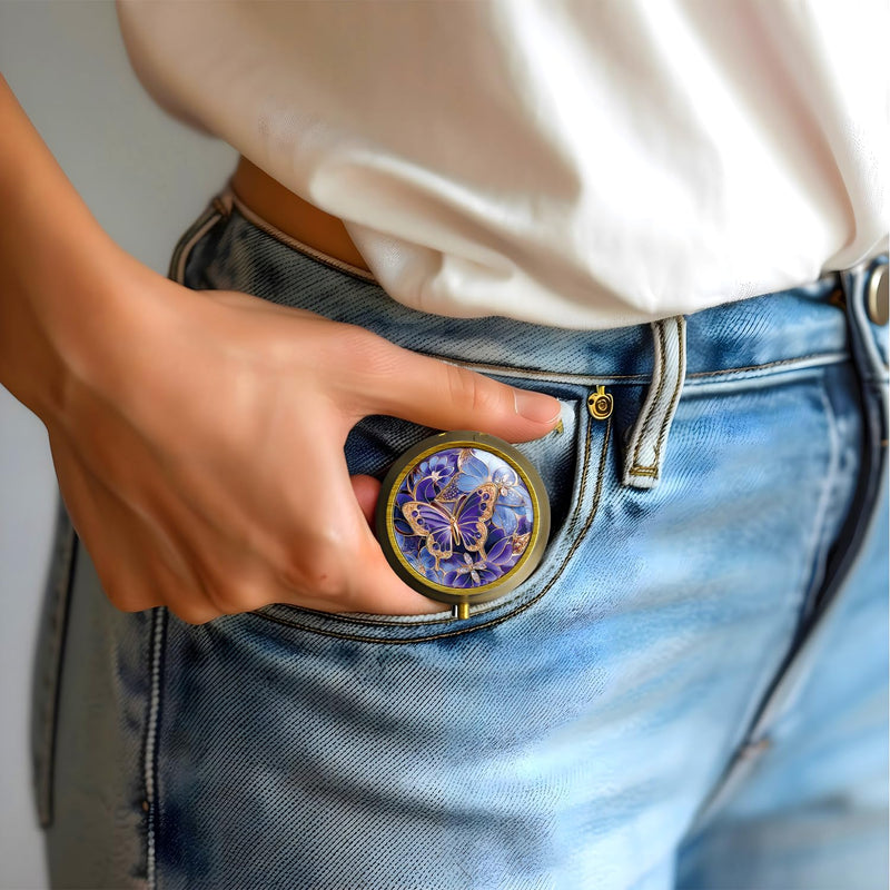 Small Pill Case Pill Box with Mirror Retro 3 Compartment Pill Holder for Purse or Pocket Bronze Portable Medicine Vitamin Container Fish Oil and Supplement Storage BPA-Free(Purple Butterfly) Purple Butterfly