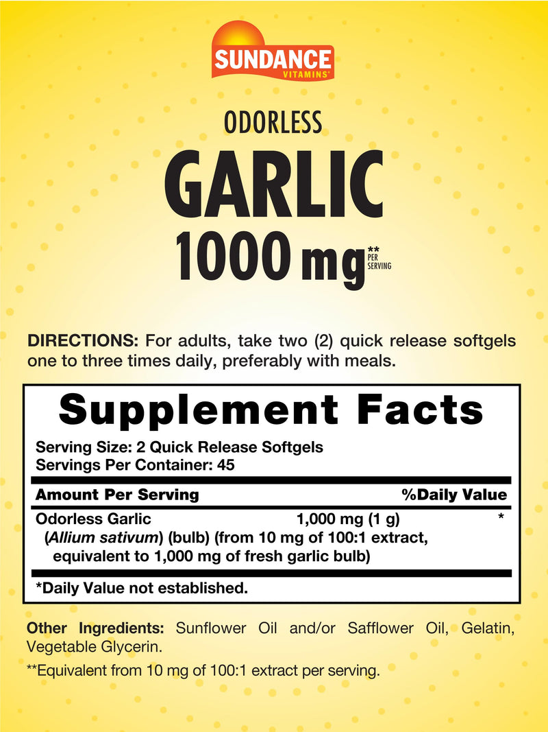 [Australia] - Sundance Odorless Garlic Softgels | 1000mg | 90 Count | Non-GMO and Gluten Free Supplement 