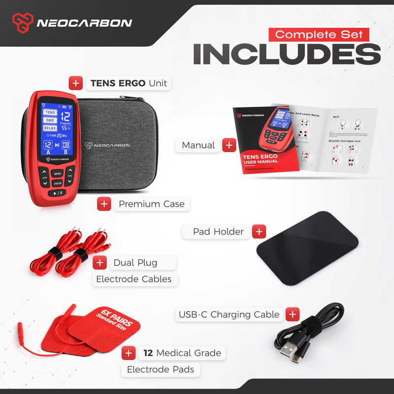 NEOCARBON TENS Unit Muscle Stimulator Ergo Machine for Pain Relief, Red | Advanced Pain Relief & PMS Comfort, Ergonomic & User-Friendly Design, Long-Lasting Power & Portability, Electrode Pads & Kit