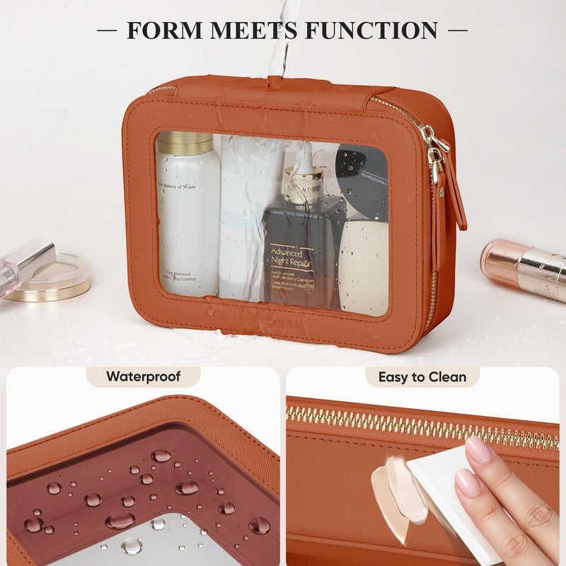 Clear Makeup Bag, Travel Toiletry Bag Cosmetic Case for Women, Waterproof Portable Make Up Skincare Pouch with Zipper, Compact Car Organizer Bag for Essentials, Mini & Medium, Brown Mini+Medium