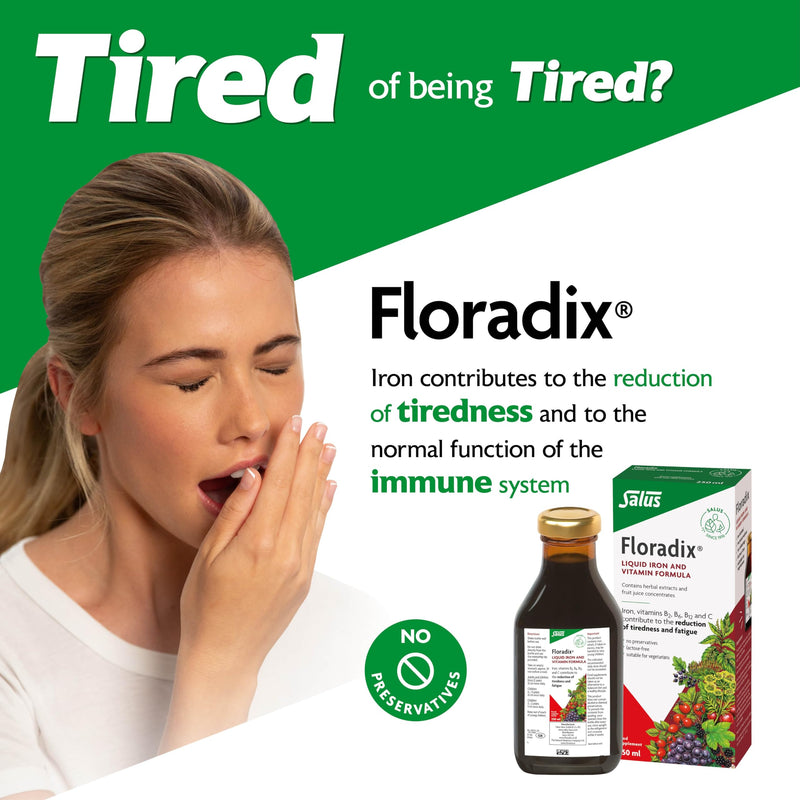 Salus Floradix Liquid Iron 250ml Supplement with Vitamin C & B-Complex. Iron contributes to the Reduction of Tiredness. Vegetarian. No preservatives. Suitable for Women, Men and Children 3+.