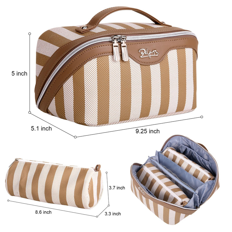 BOYATU Travel Makeup Bag for Women: Large Cosmetic Bag Set of 3 - PU Leather Make up Bag with Compartments - Compact Waterproof Toiletry Bag with Divider & Handle (B-8-Khaki)