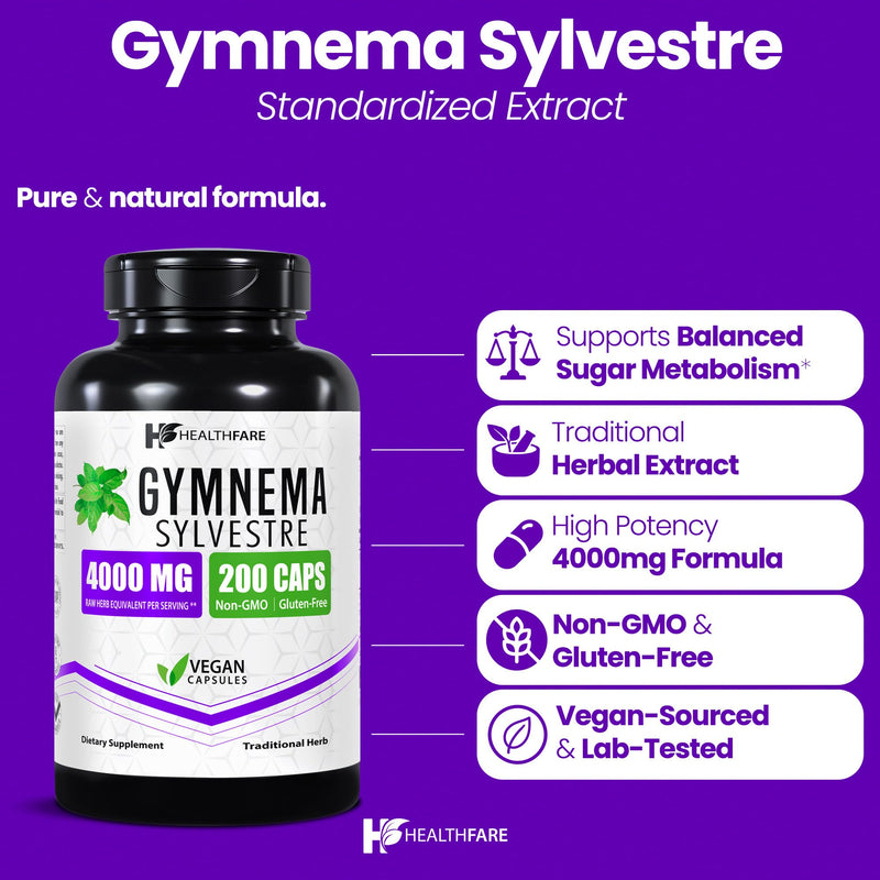 [Australia] - Gymnema Sylvestre Supplement Extract 4000mg | 200 Vegan Capsules | Standardized Herbal Supplement for Metabolic Balance & Carbohydrate Support | Non-GMO, Gluten-Free | Made in USA 