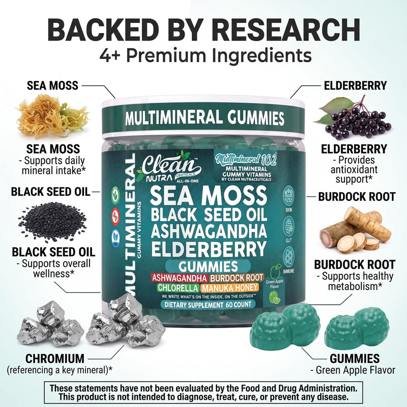 Sea Moss Gummies | Clinically Tested - Black Seed Oil Ashwagandha Elderberry Burdock Root Chlorella Manuka Honey - Vegan Irish Sea Moss Gummy Vitamins for Adults Kids Men Women - Green Apple Flavor 1
