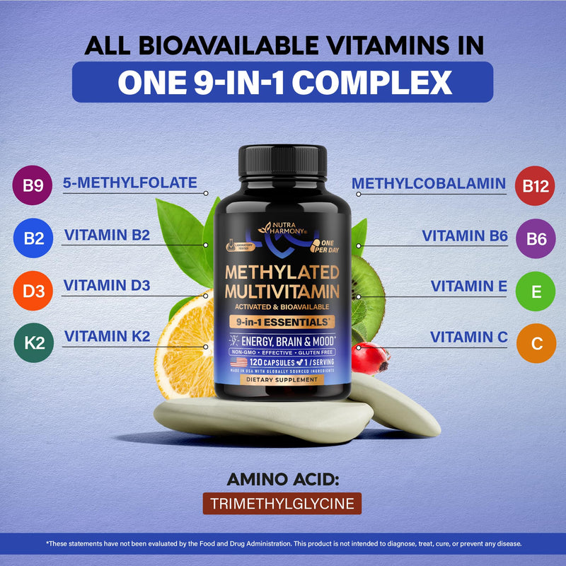 Methylated Multivitamin - 9in1 Supplement with TMG, 5MTHF & B12 - 120 Caps | MTHFR Supplement for Men & Women - B-Complex, Antioxidants C & E, Vitamin D3 & K2 - Energy, Brain & Mood - Vegan, Lab Tested