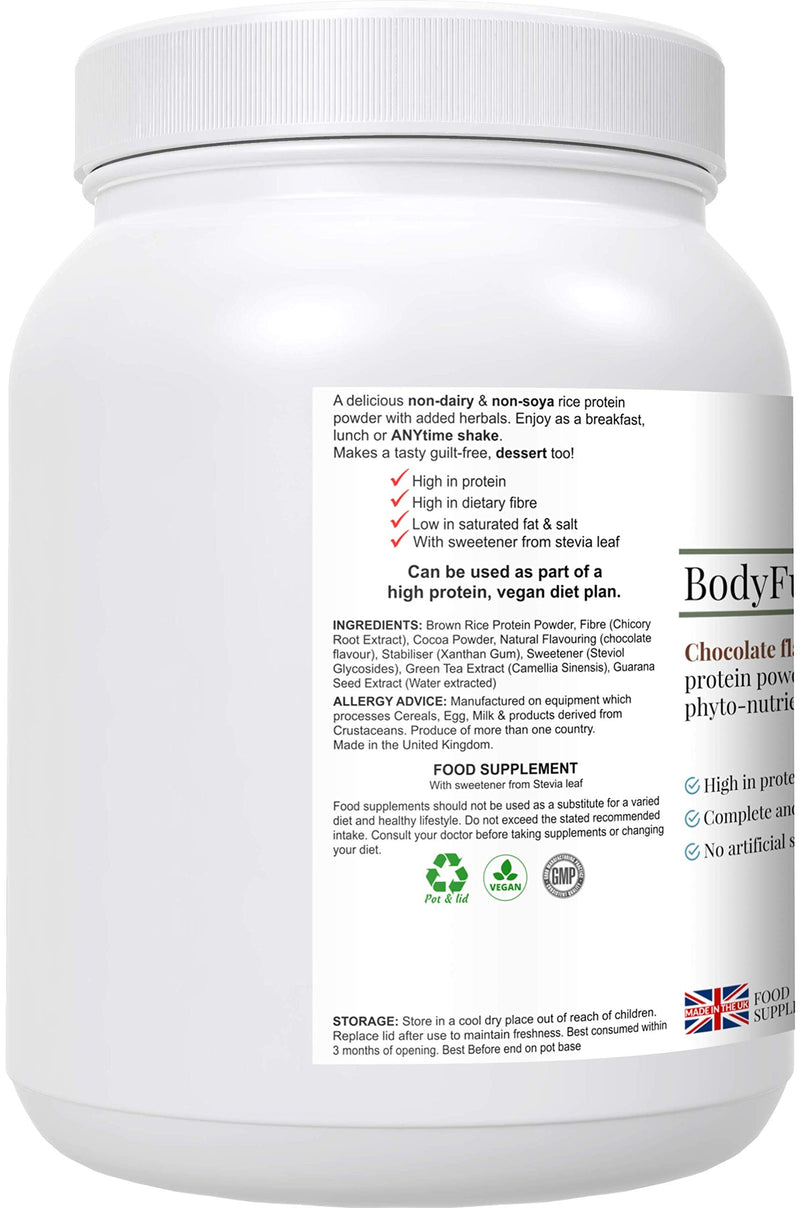 BodyFuel Brown Rice Protein Powder Plus Chicory, Green Tea & Guarana Seed Extract | Hypoallergenic | NO GMOs | Vegan | 500g