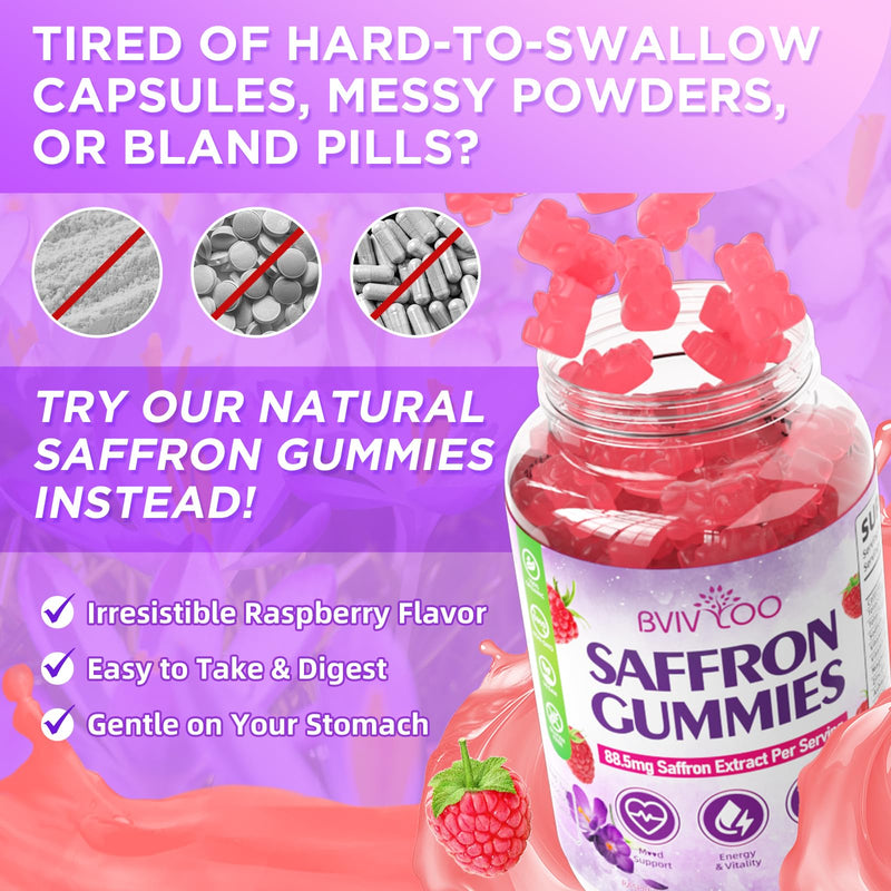 Saffron Gummies for Adult Kids, 10-IN-1 Formula with Saffron 88.5mg, Vitamins D3 & B6, Magnesium, Zinc, Ashwagandha, L-Theanine, St. John's Wort - Supports Mood & Focus, Raspberry Flavor, 120 Count 2-pack