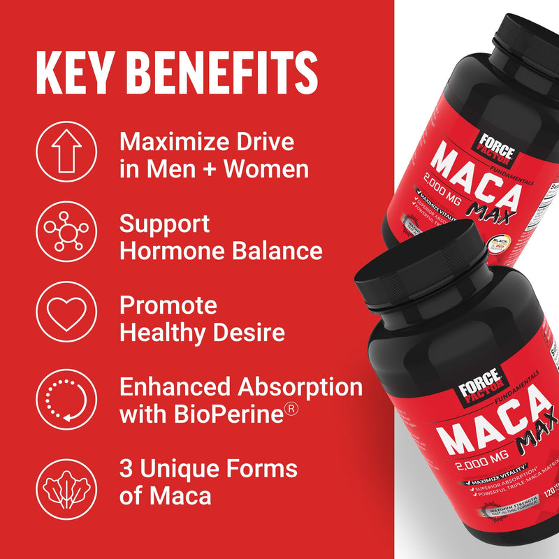 [Australia] - Force Factor Maca Max, Maca Root Capsules to Maximize Vitality & Performance, Made with Black Maca, Red Maca, & Yellow Maca Powder, Maca Root Powder, 2000mg, 120 Capsules Maximum Potency 120 Count (Pack of 1) 