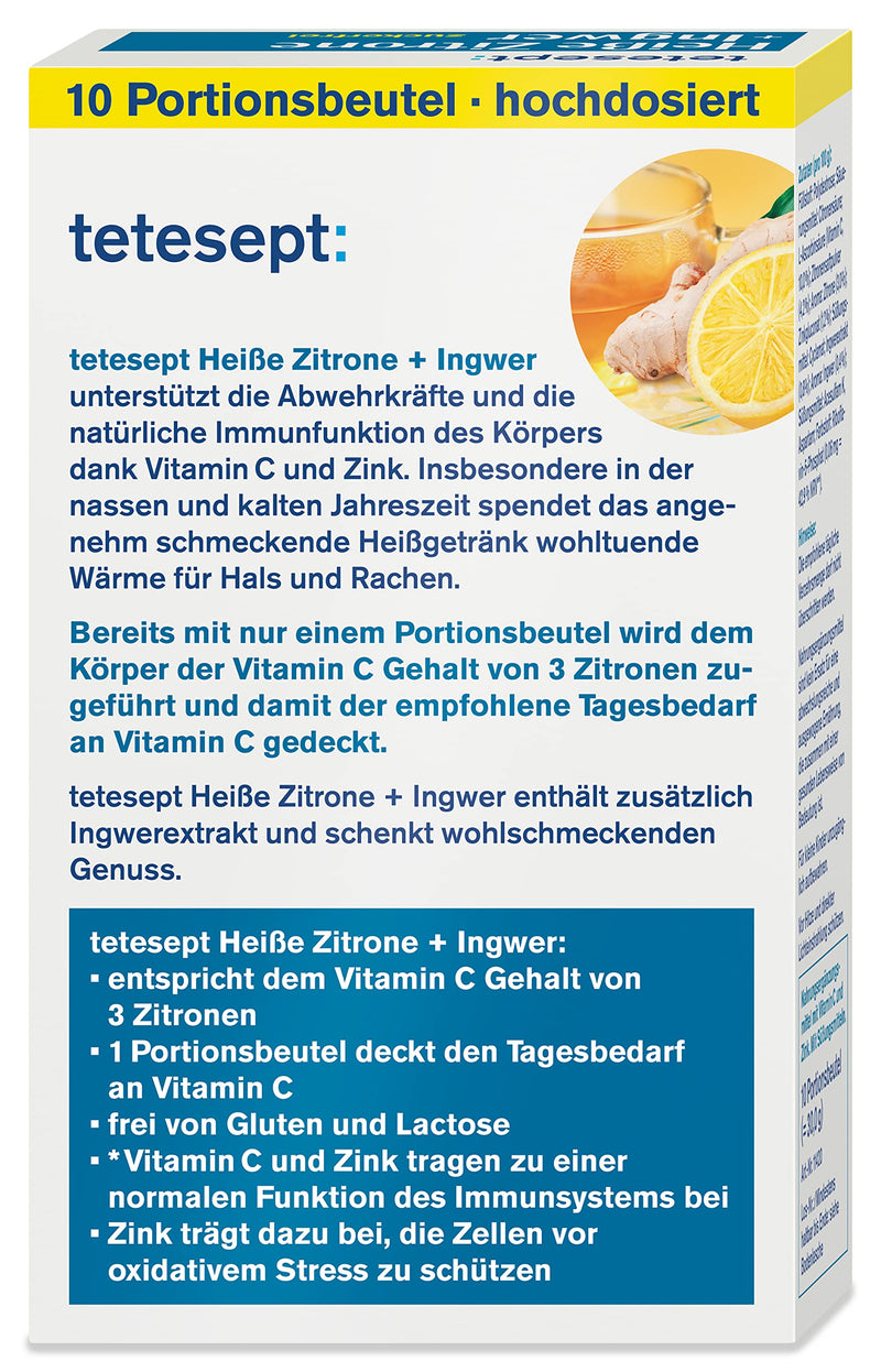 [Australia] - tetesept Hot Lemon with Ginger - Instant Powder, Sugar-Free with Zinc & Vitamin C - Supports Defenses and Immune System - 1 Pack of 10 Bags of 10 (Pack of 1) 