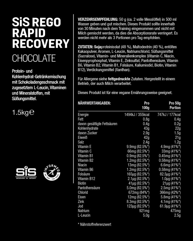 [Australia] - Science in Sport Rego Rapid Recovery Powder 1.5kg Chocolate Vegan - Regenerating Drink Powder with Carbohydrates, Proteins, Electrolytes, Vitamins and Minerals, Supports Effective Training 30 Servings (Pack of 1) 