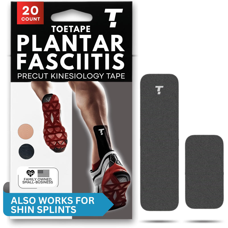 Plantar Fasciitis Tape, 20 Applications - Precut Kinesiology Tape Strips for Foot Soreness Relief - Also Great for Shin Splints - Includes 20 2x10" Strips & 40 2x5" Strips (Black, 20 Count) Black