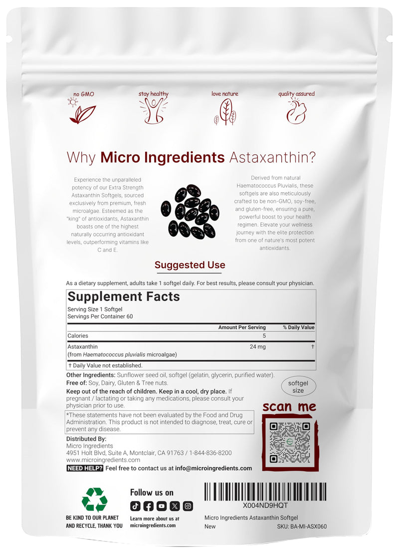 [Australia] - Astaxanthin 24mg, 60 Softgels, 2 Month Supply | Max Strength Astaxanthin Antioxidant Supplements | Fresh Microalgae Source | Supports Eye, Joint, Internal Circulation, Skin Health 