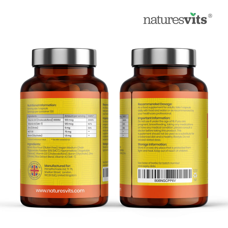 Vitamin D3 and K2 Bone Supplement - with Zinc, MCT Oil and Boron for Calcium Absorption for Joint Care - High Strength Natural Supplements for Women and Men