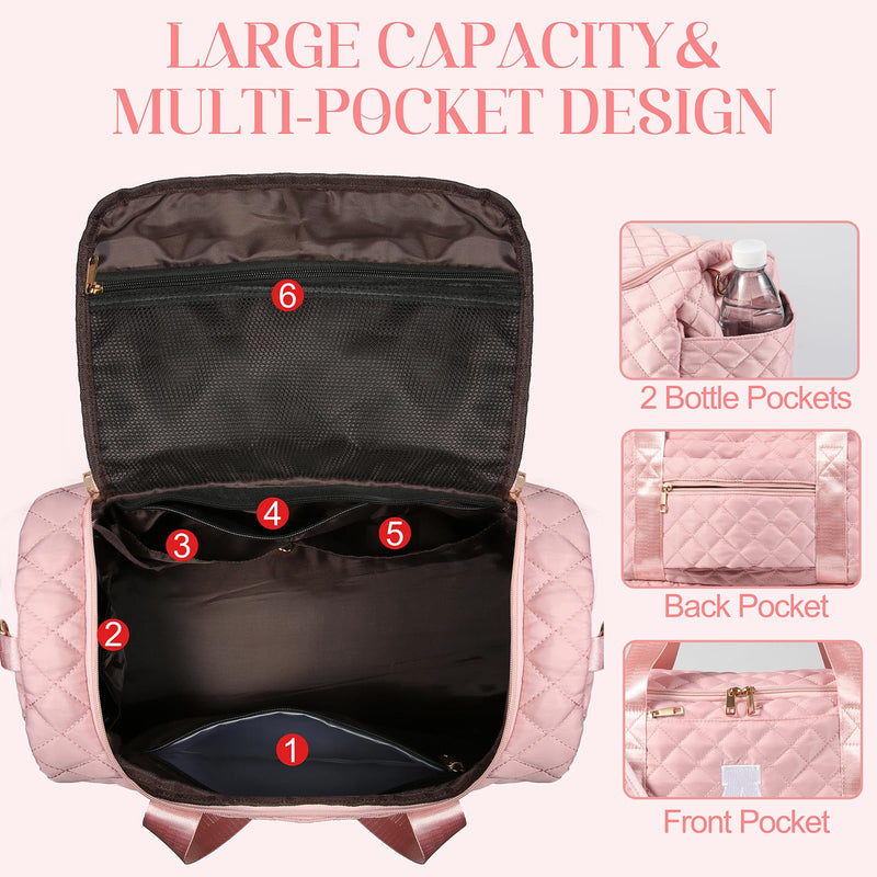Personalized Initial Travel Bag, Quilted Duffle Bag, Weekender Bag for Women with Cosmetic Bag, Gym Bag with Shoe Compartment, Carry on Overnight Bag, Hospital Bag for Labor Delivery (Pink, J) Pink