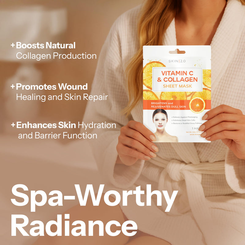 Skin 2.0 Vitamin C & Collagen Sheet Mask - Anti-Aging, Wrinkle & Age Spot Reducer, Hydrating & Moisturizing - Dermatologist Tested Korean Skincare, Clean Beauty, Cruelty-Free, All Skin Types - 5 Masks Vitamin C and Collagen