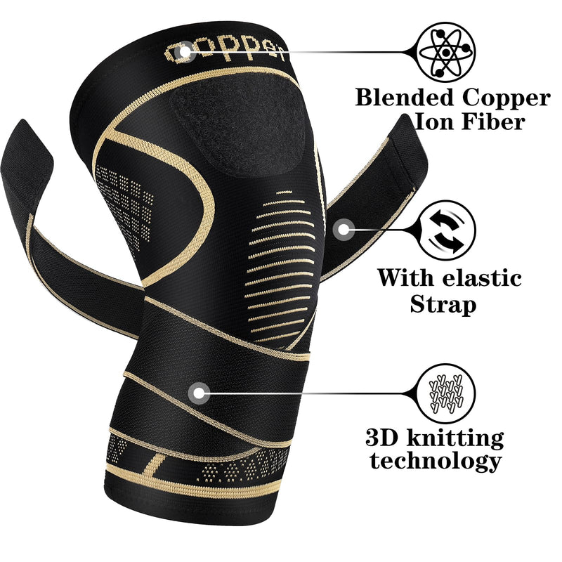 [Australia] - Copper Knee Braces with Strap for Knee Pain Women and Men(2 Pack), Knee Compression Sleeve for Arthritis, ACL, Meniscus Tear, Joint Pain Relief, Knee Support for Working, Running, Weightlifting Black+Copper Medium 