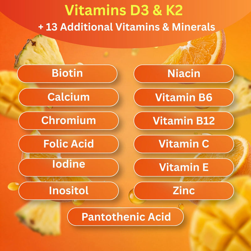 Vitamin D3 K2 Gummies 1000IU, 60 Vegan Gummies, Sugar Free | Vitamin D Gummies Adults, High Strength Vitamin D and K2, Mango Flavour, 13 Added Vitamins and Minerals, 1 Month Supply