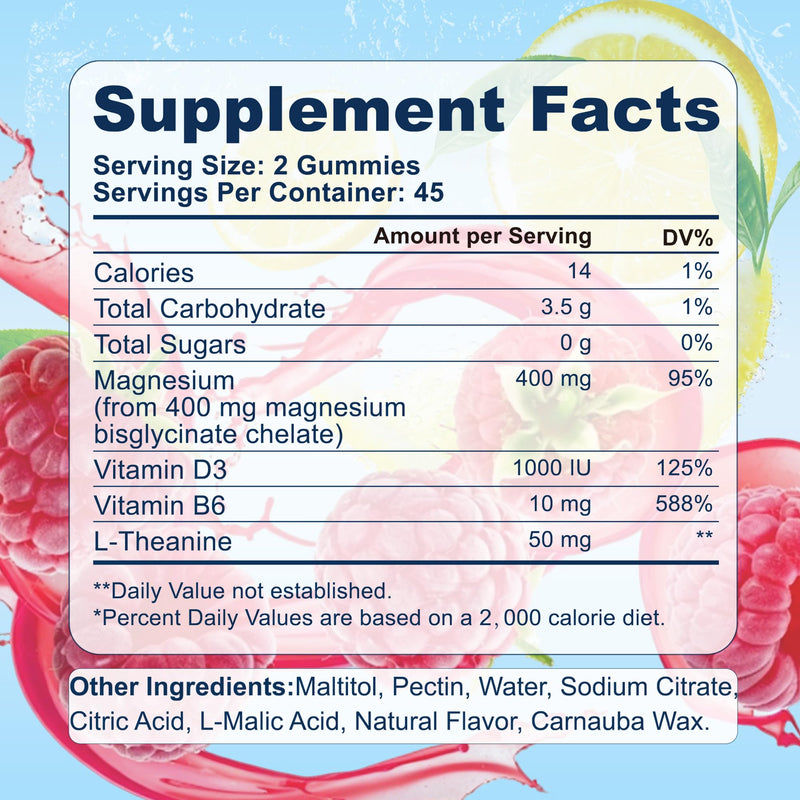 Magnesium Bisglycinate Gummies 400mg Chelated Magnesium, with Vitamin D3, Vitamin B6 & L-Theanine, Supports Sleep, Relaxation, Muscle Function and Bone Health, 90 Gummies, Lemon Raspberry Flavour