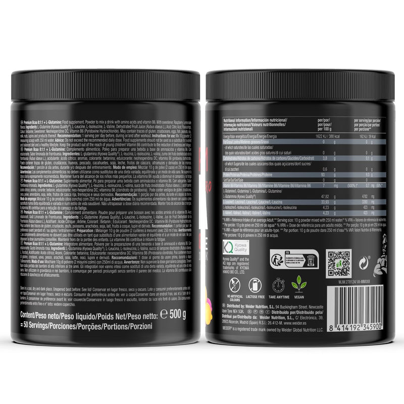 Premium BCAA 8:1:1+L-Glutamine (500g) Pink Lemonade Flavour, Recovery Combination of Amino Acids with Kyowa Quality® L-Glutamine, Vitamin B6, Increases and Protects Muscle Mass, Zero Sugar, Vegan 500g