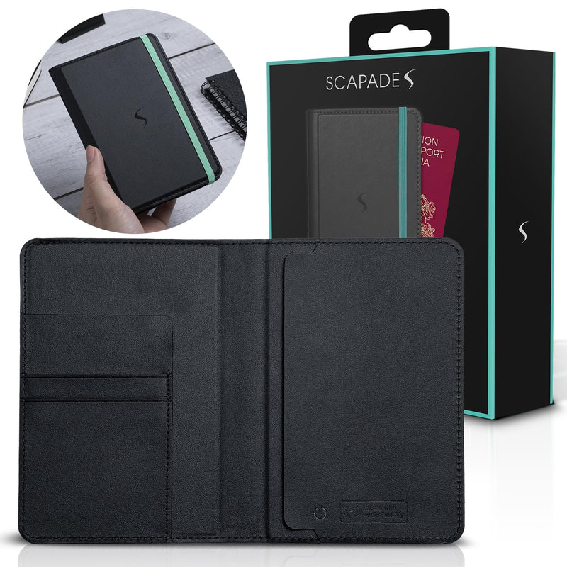 SCAPADE AirPass Trackable Passport Wallet – Works with Apple Find My, Rechargeable Battery (5–6 Months), 3 Card Slots, No App Needed, Sleek Travel Case for iPhone & iPad Users