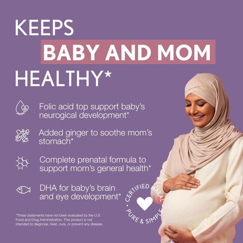 [Australia] - Noor Vitamins Halal Prenatal Vitamins with DHA and Folic Acid, Essential Vitamins, Ginger to Soothe Mom's Stomach, Iron, Softgels, Prenatal Vitamin Before/During/Post Pregnancy (1 Month Supply) 30 Count (Pack of 1) 